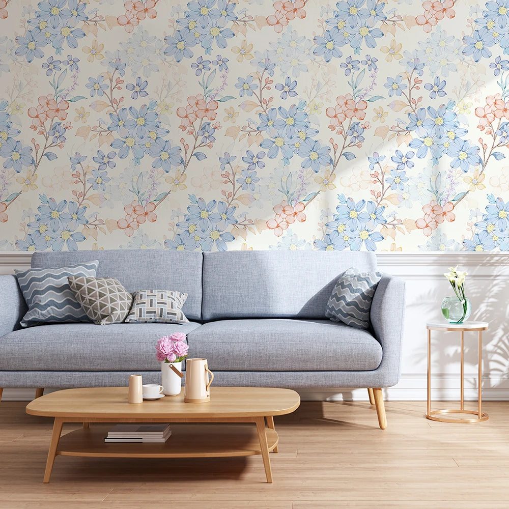 Light Blue Floral Waterproof PVC Peel-and-Stick Wallpaper for Walls & Cabinets