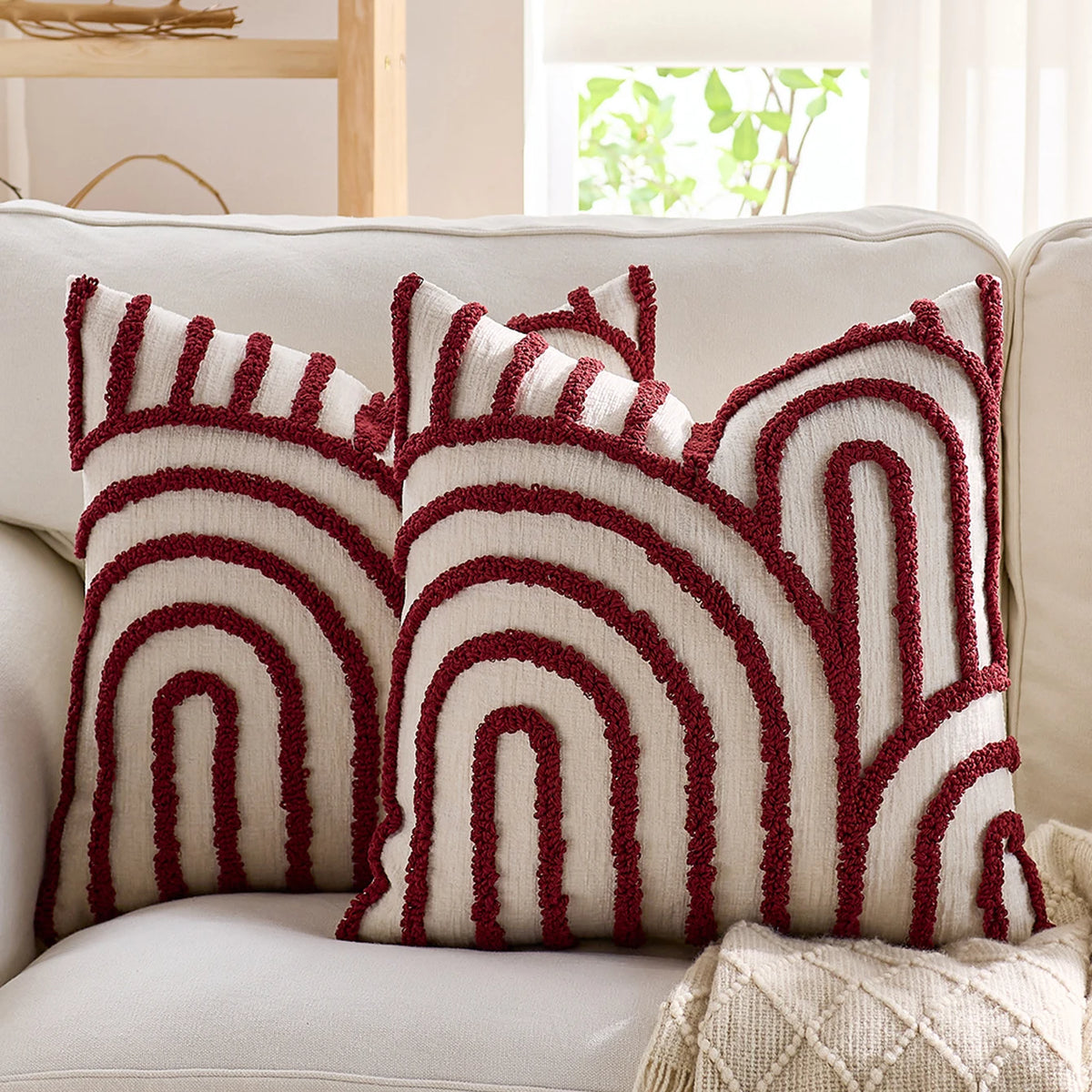 Burgundy Geometric Embroidered Polyester Pillow Covers – 17.72 in (45 cm) Square, Set of 2