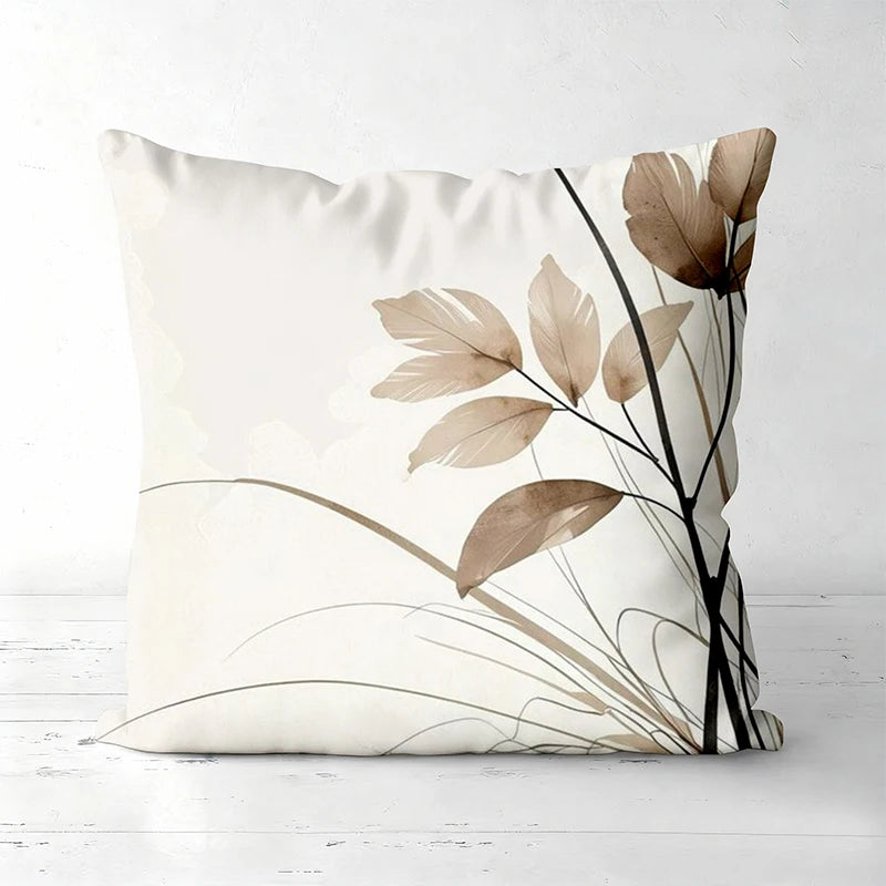 Neutral Botanical Floral Leaf Polyester Pillow Cover – 4 Designs, 4 Sizes