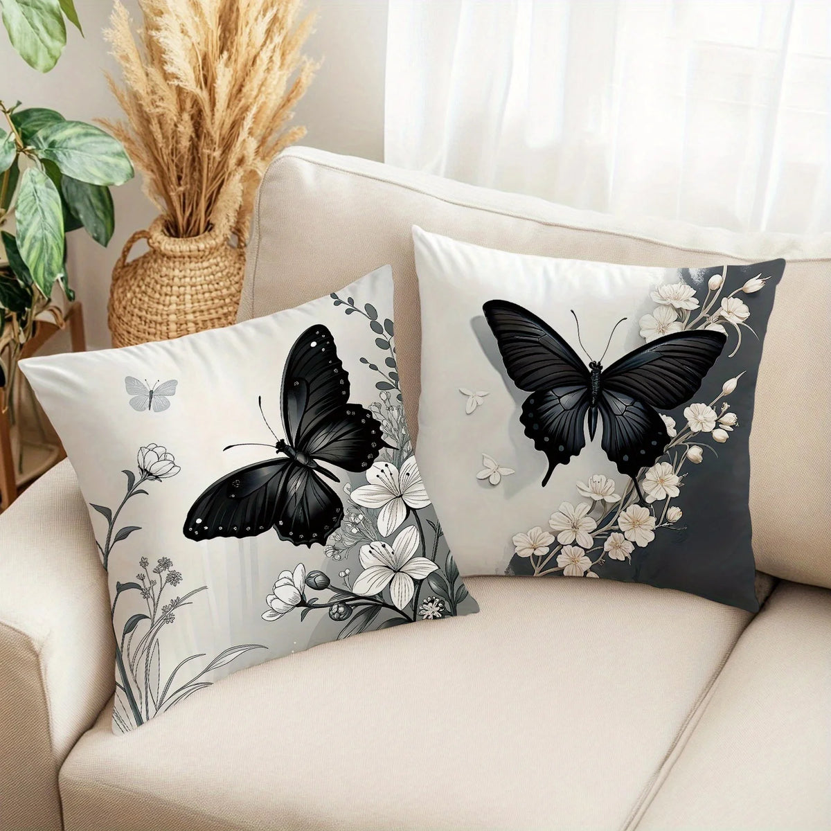 Black Butterfly Floral Pillow Cover Set – 4-Piece Polyester Set, 50–60 cm