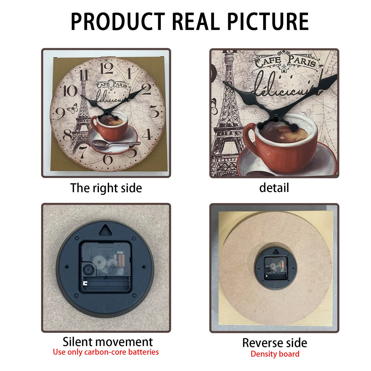 Paris Eiffel Tower Coffee Cup Silent Wall Clock – Wooden Quartz Decor, 10, 12 or 16 Inch