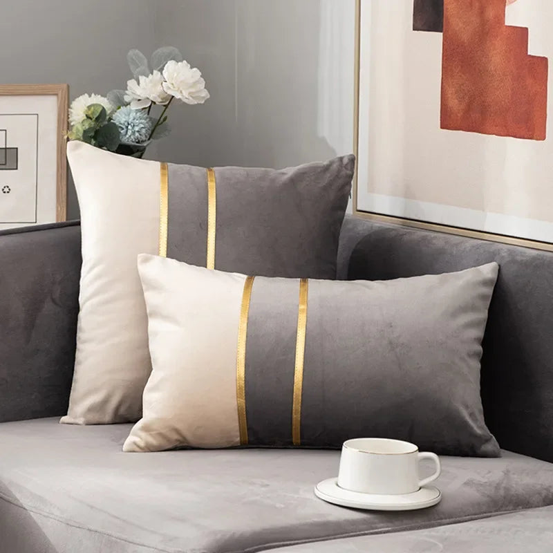 Neutral Color-Block Velvet Throw Pillow Cover with Gold-Tone Stripes, Square or Lumbar