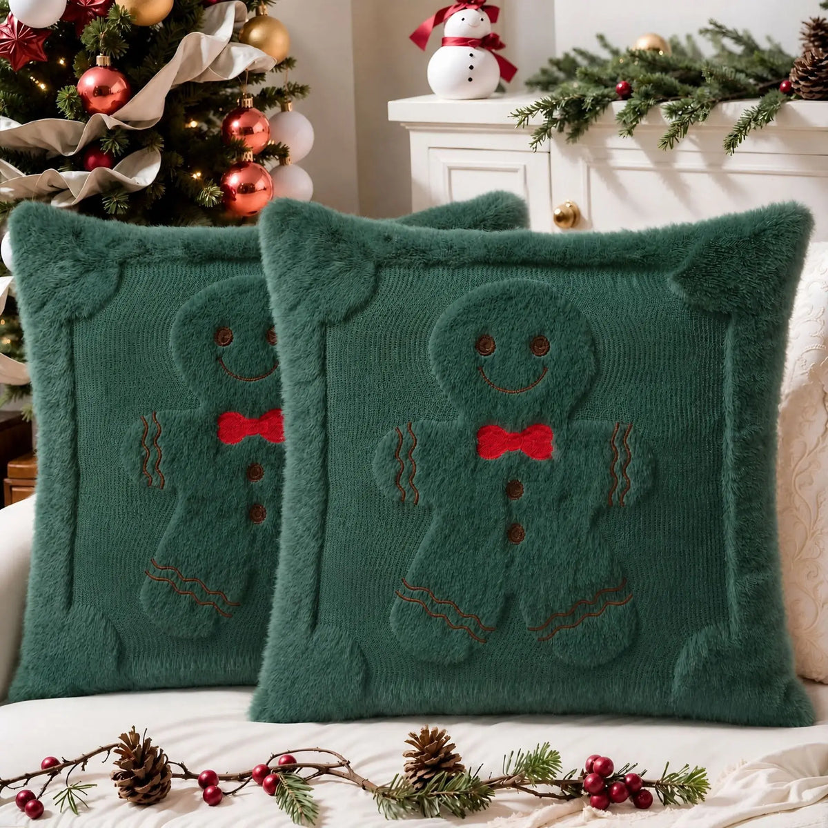 Gingerbread Christmas Pillow Covers – Plush Embroidered Set of 2, Four Designs