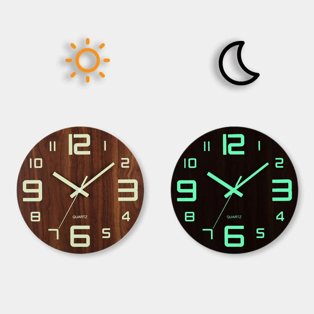 12'' Luminous Wall Clock, Silent Non-Ticking Wooden Clock with Glow-in-the-Dark Numbers, Nordic Style Night Light Wall Clock
