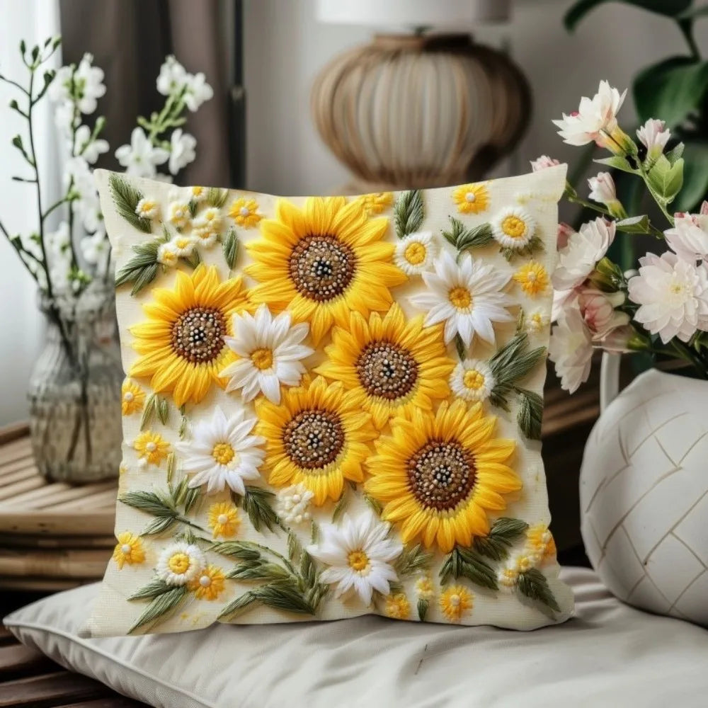 Vintage Sunflower Throw Pillow Cover – Polyester, 17.72 × 17.72 in (45 × 45 cm), Cover Only