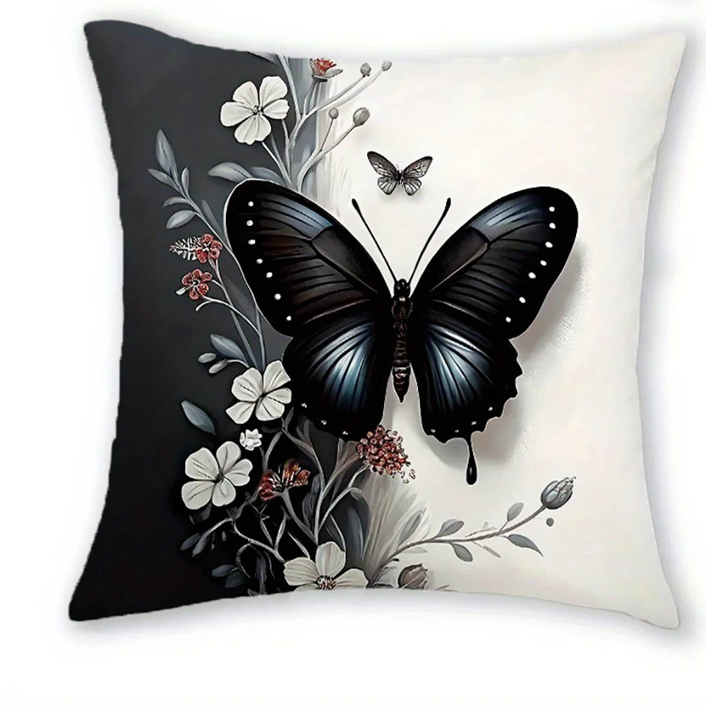 Black Butterfly Floral Polyester Pillow Covers – 1-Piece or 4-Piece Set, 40–45 cm