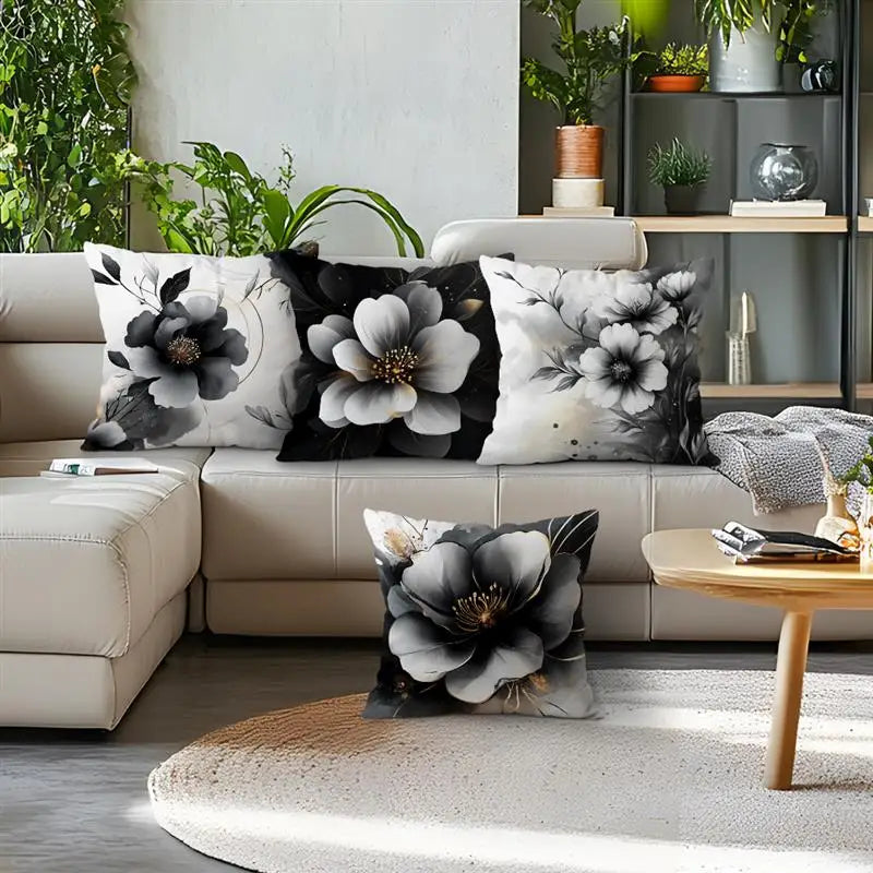 Black & White Floral Polyester Peachskin Pillow Cover – Designs 1–2, 4 Sizes