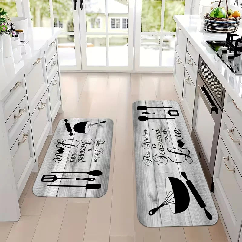 Grey Wood-Grain Kitchen & Hallway Mat – Soft Non-Slip Polyester Rug with Letter Design