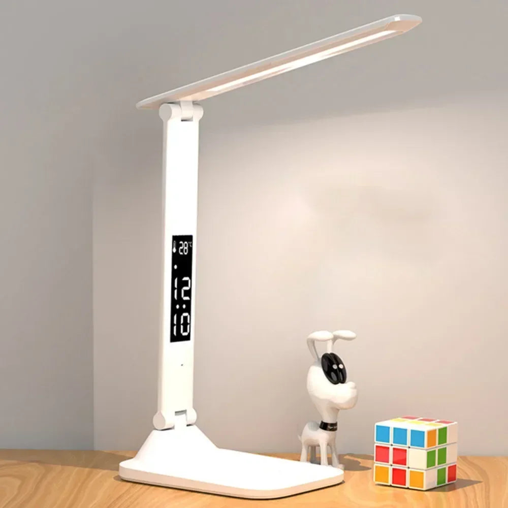 LED Desk Lamp with Clock, Calendar & Temperature Display – USB Rechargeable, Foldable & Touch Dimmable