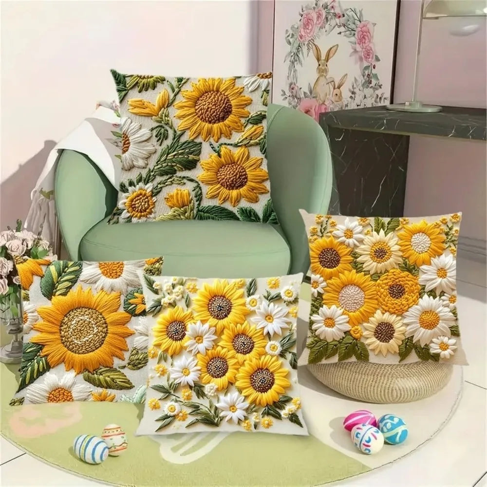 Vintage Sunflower Throw Pillow Cover – Polyester, 17.72 × 17.72 in (45 × 45 cm), Cover Only