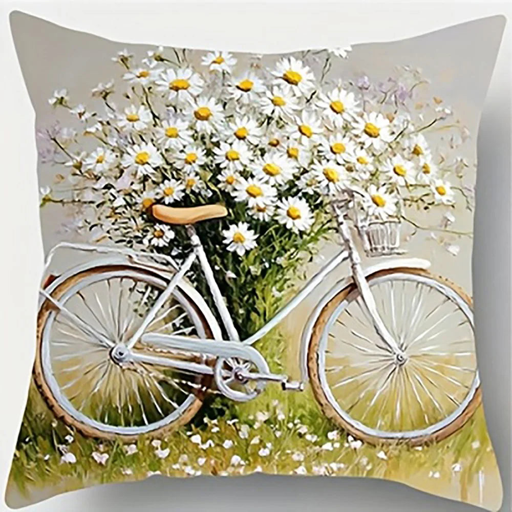 Daisy Bicycle Polyester Peachskin Pillow Cover – 15.75–23.62 in Square, Single-Sided Print, 1 Piece