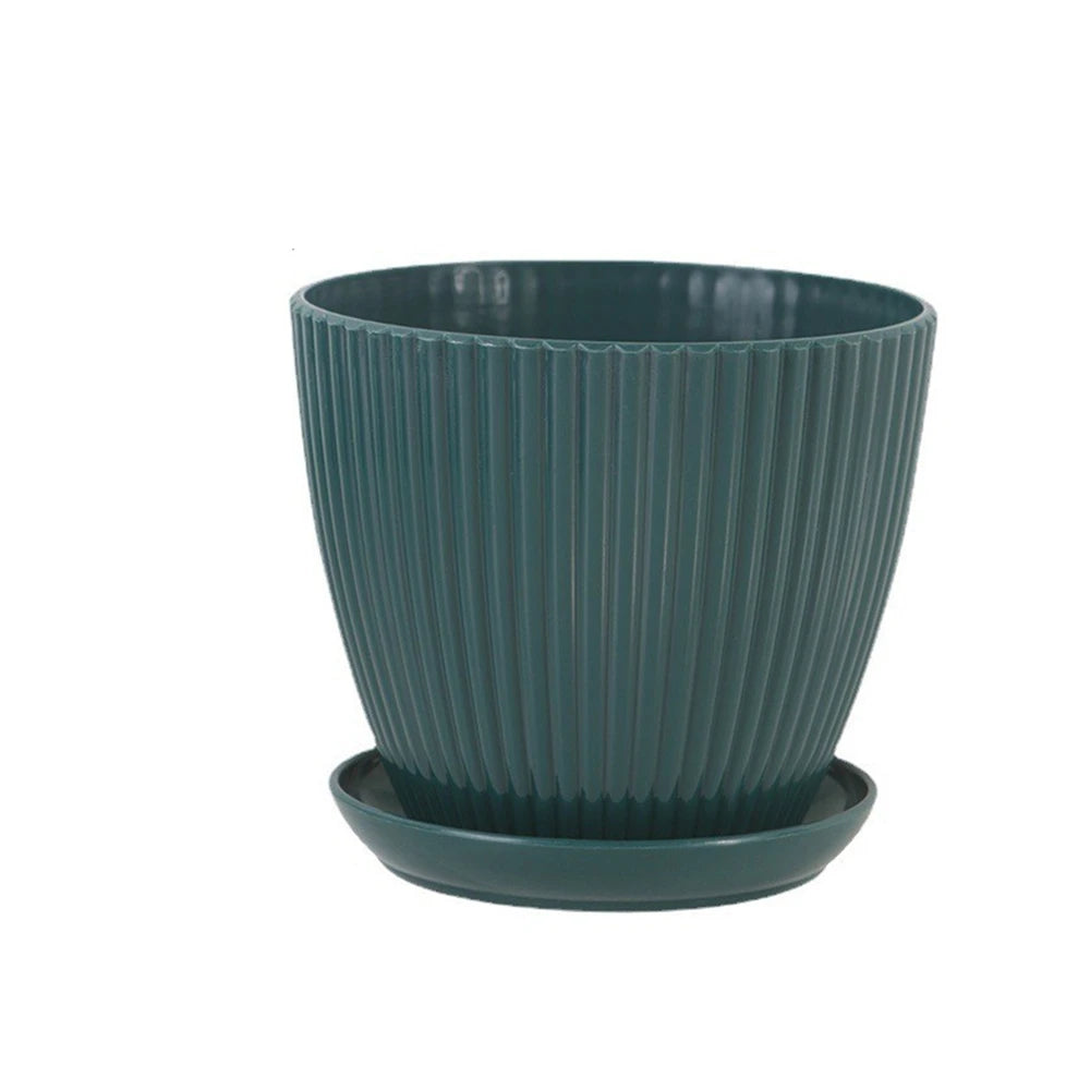 Round Plastic Planter with Tray – Modern Vertical Striped Flower Pot for Indoor & Outdoor Plants