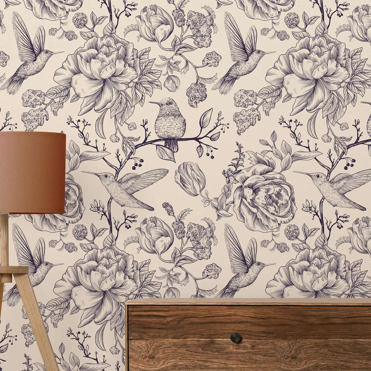 Hummingbird & Floral Traditional or Peel-and-Stick Wallpaper – Vintage Nature Wall Mural, 2-Roll Set