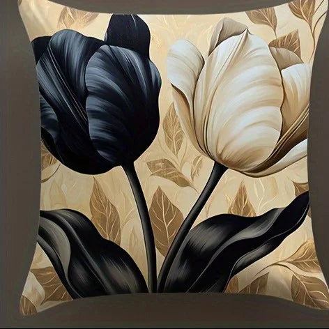 Black & White Floral Polyester Pillow Covers – Designs 1–2, 4 Sizes