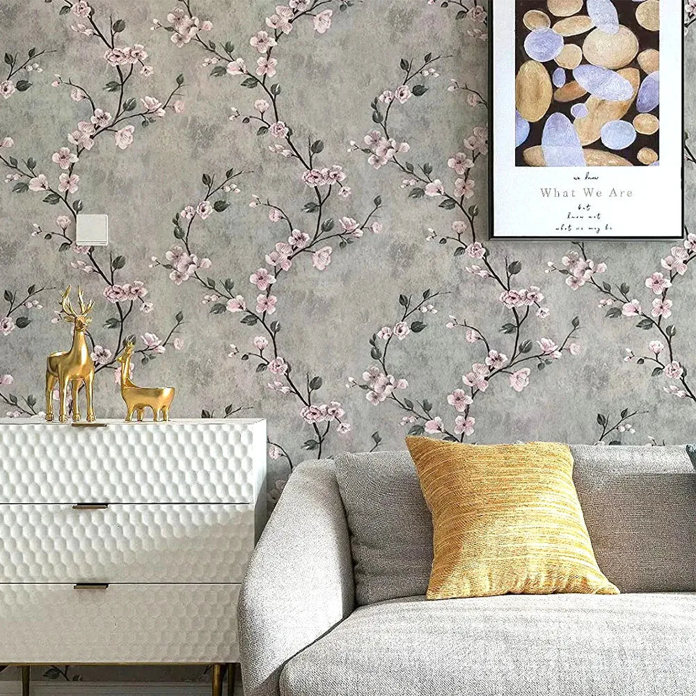 Grey Floral PVC Peel and Stick Waterproof Wallpaper for Furniture and Walls