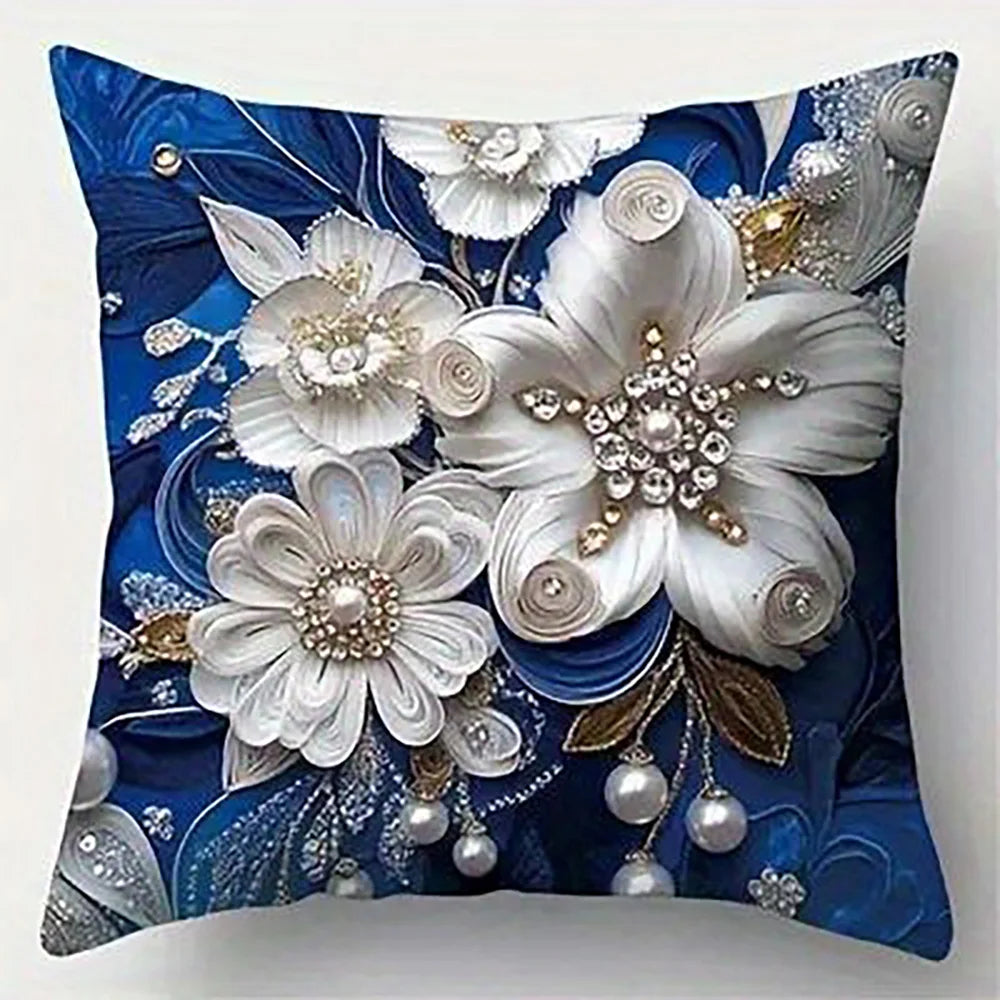 Blue Floral Jewel-Effect Printed Pillow Cover – Design 3, 4 Sizes