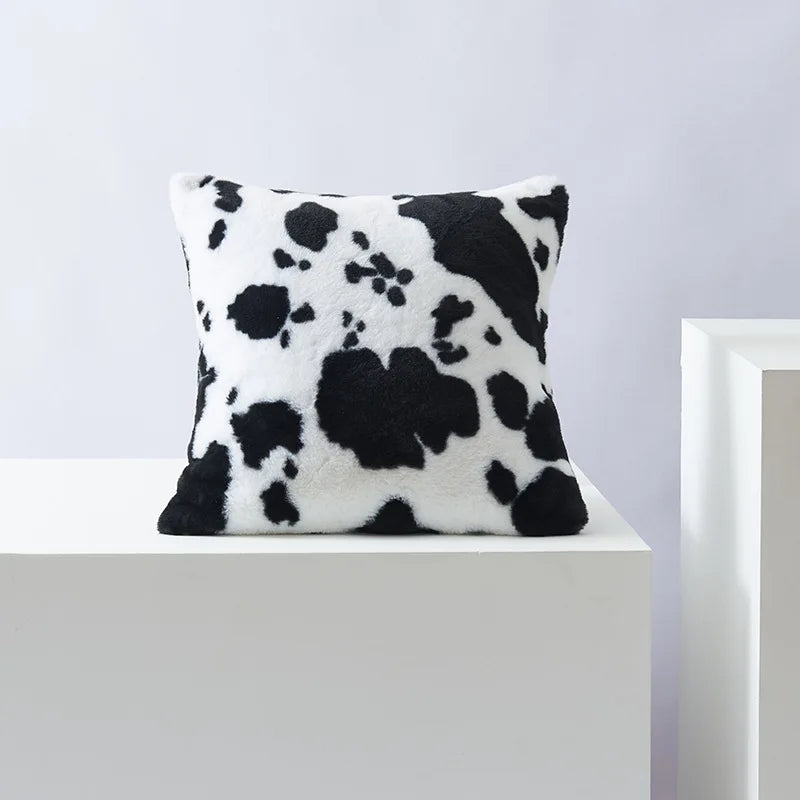Plush Cow-Print Throw Pillow Cover, Double-Sided Polyester, Square or Lumbar, Cover Only