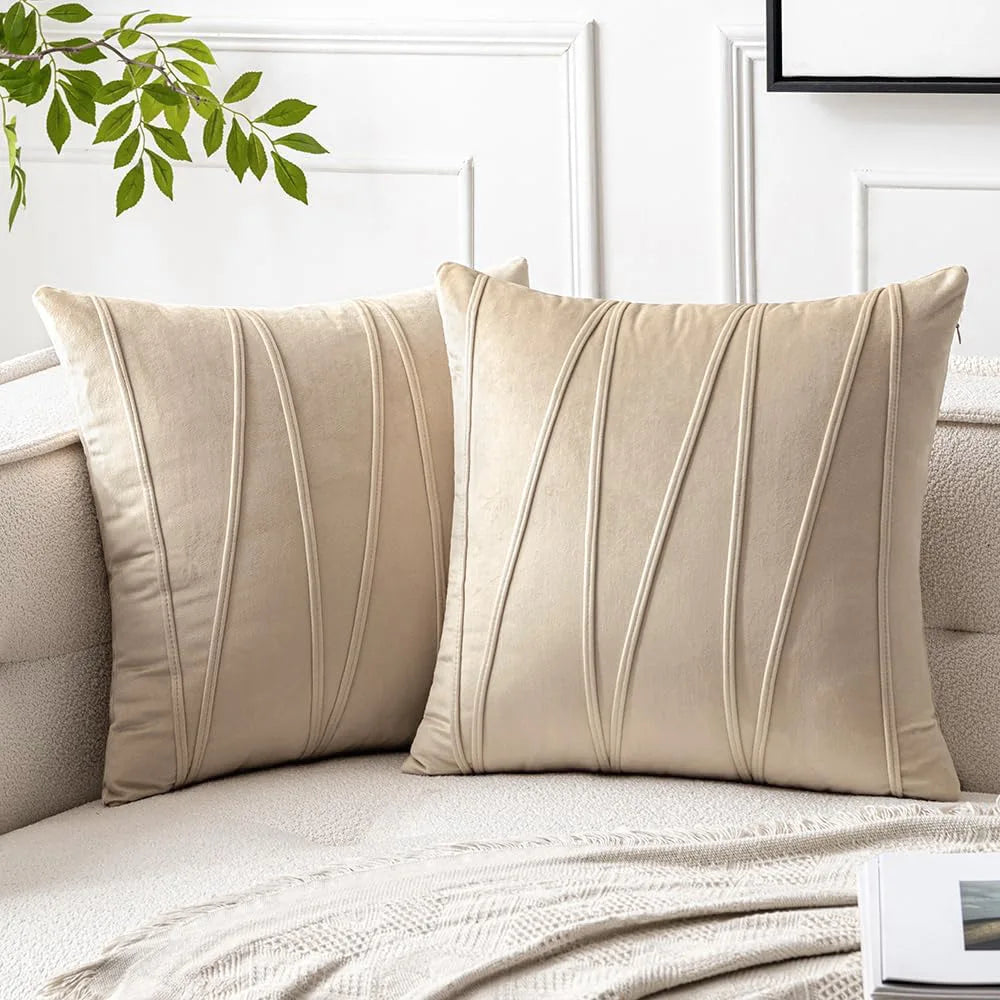 Wavy-Line Velvet Throw Pillow Cover – 17.72 in Square, Beige, Brown or Dark Gray
