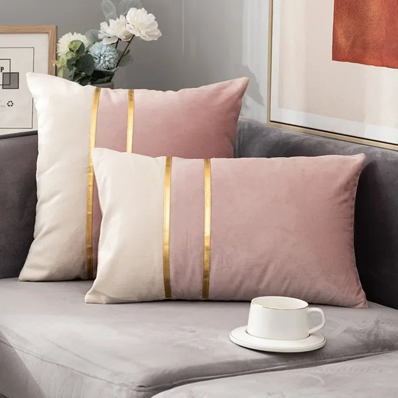 Warm Color-Block Velvet Throw Pillow Cover with Gold-Tone Stripes, Square or Lumbar