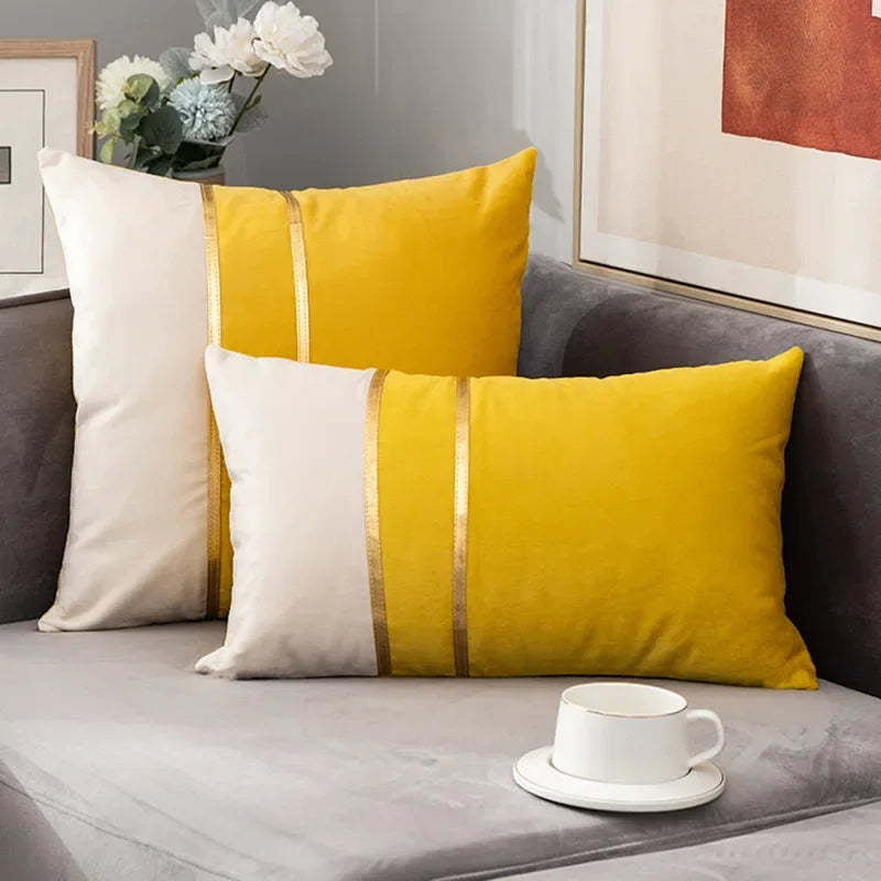 Warm Color-Block Velvet Throw Pillow Cover with Gold-Tone Stripes, Square or Lumbar