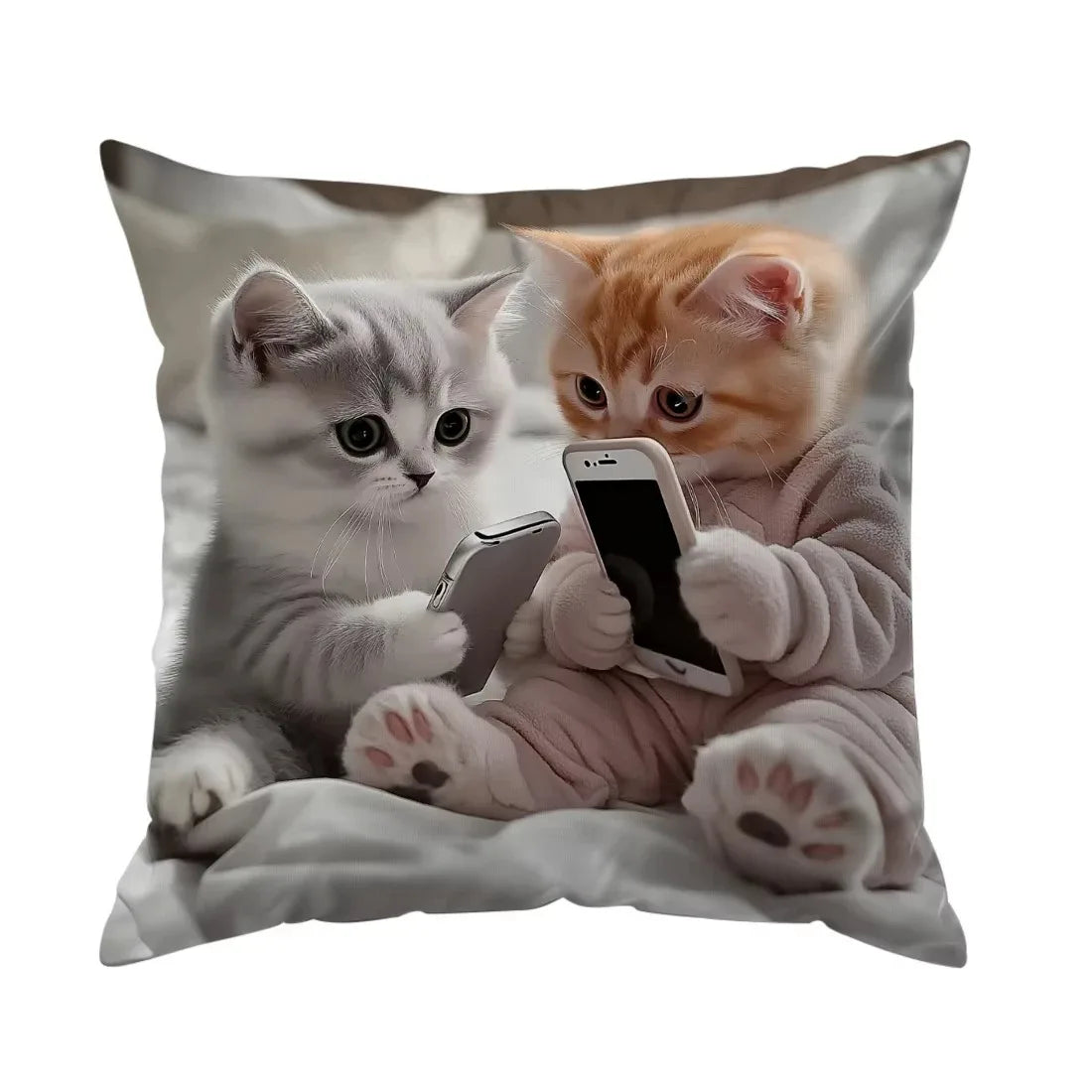 Smartphone Kitten Throw Pillow Cover – Cozy Cat Duo Designs, Polyester, 15.75–23.62 in Square