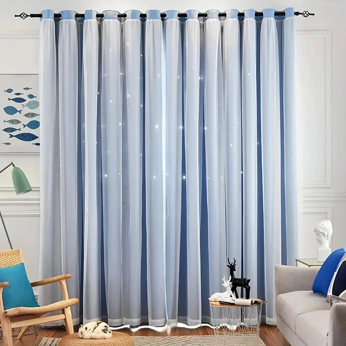 Blue Star-Detail Double-Layer Semi-Light Blocking Curtain Panel – 3 Hanging Styles