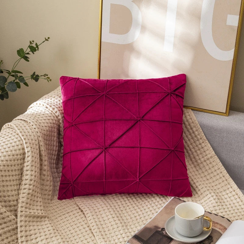 Red Geometric Grid Velvet Pillow Cover – 17.72 in, Single or Set of 2