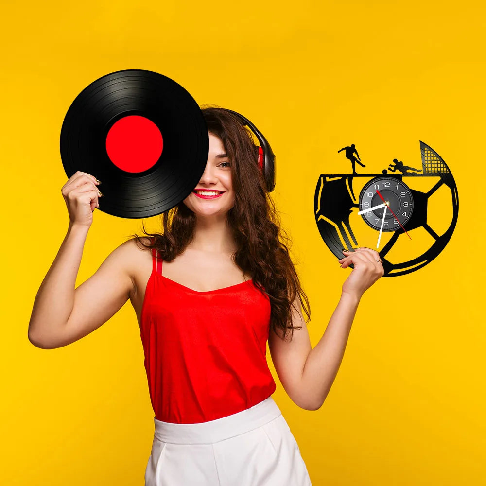 Football Vinyl Record Wall Clock – 30 cm Quartz Decor with Optional LED, Designs 11–14