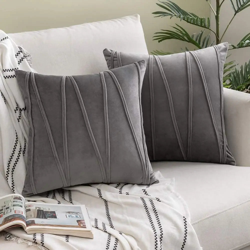 Wavy-Line Velvet Throw Pillow Cover – 17.72 in Square, Beige, Brown or Dark Gray