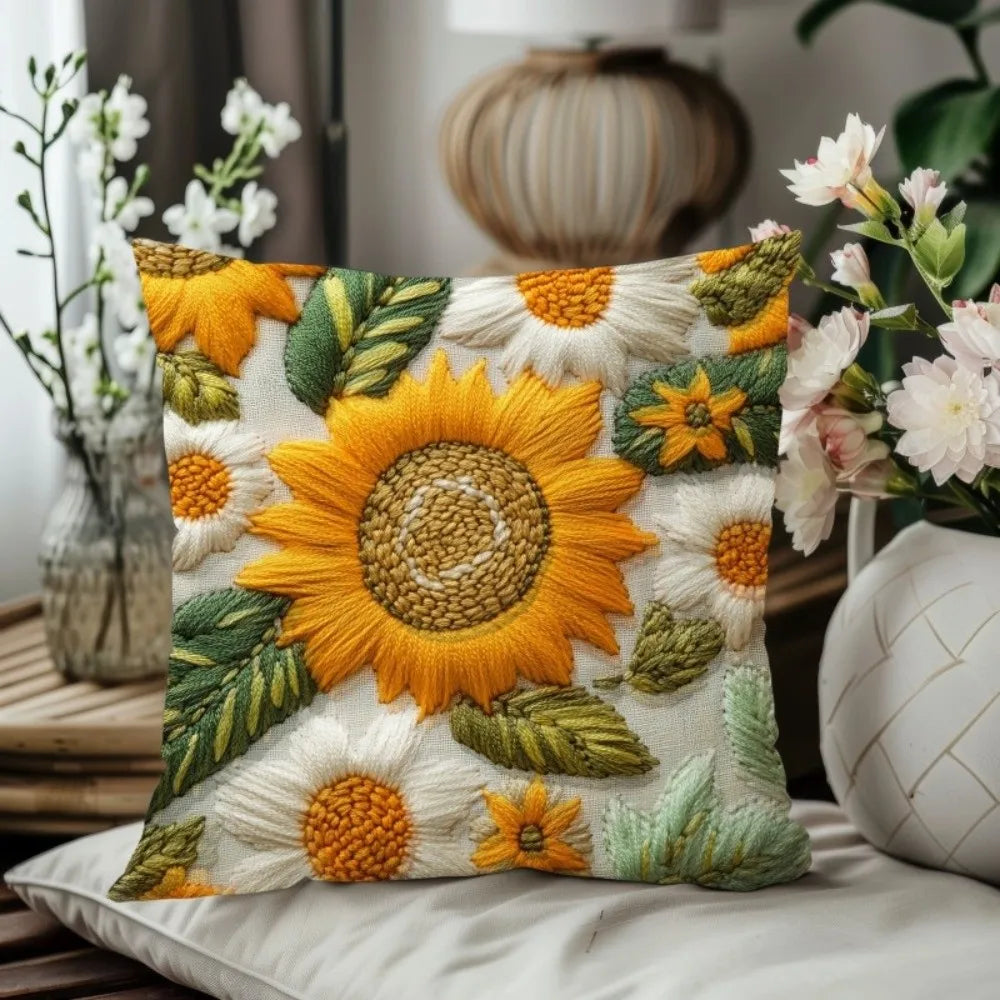 Vintage Sunflower Throw Pillow Cover – Polyester, 17.72 × 17.72 in (45 × 45 cm), Cover Only