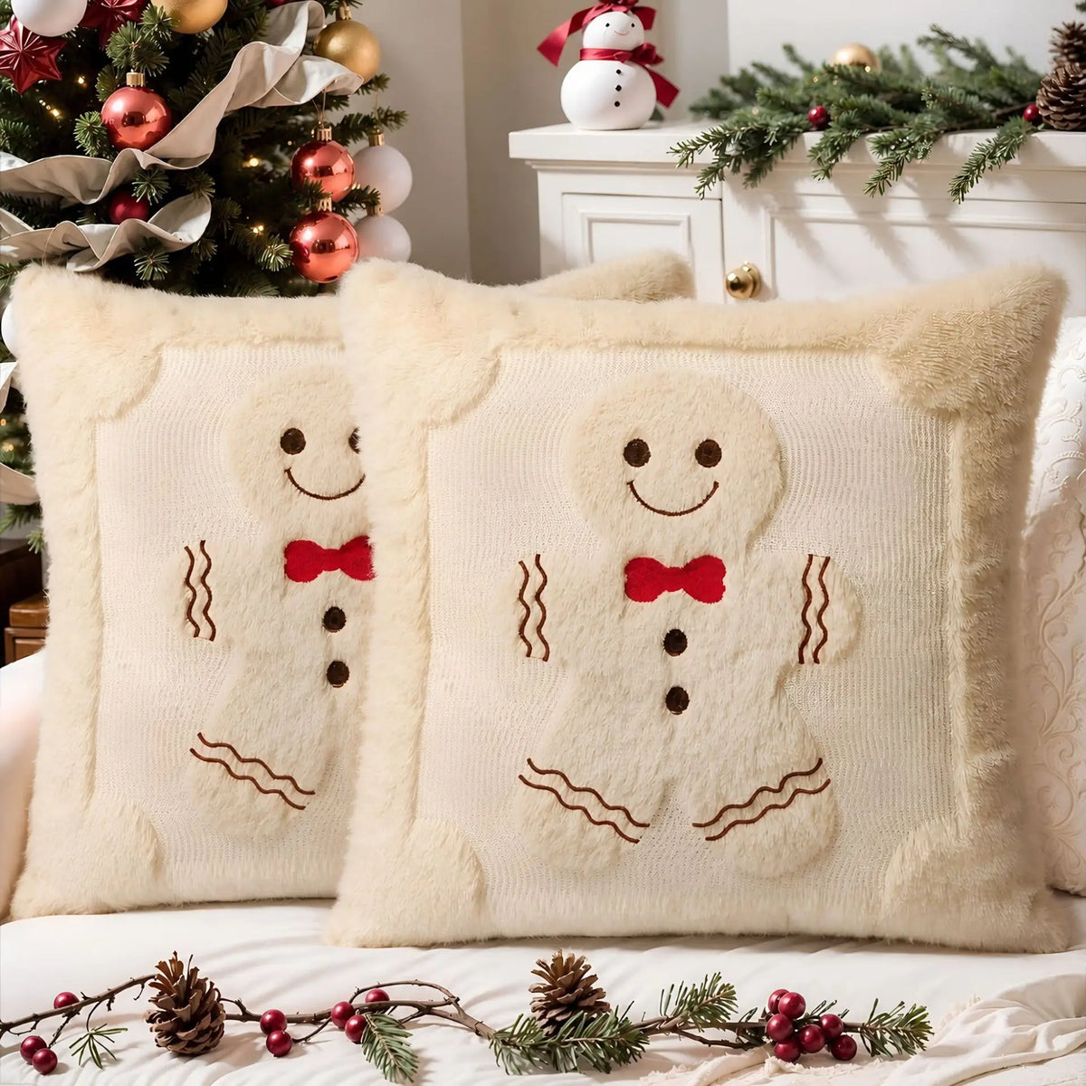 Gingerbread Christmas Pillow Covers – Plush Embroidered Set of 2, Four Designs