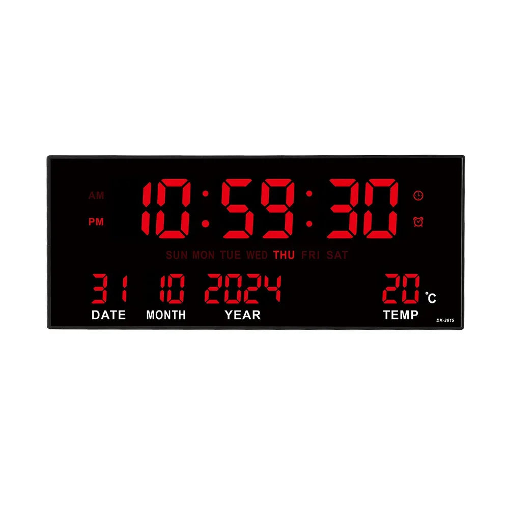 14-Inch Digital LED Wall Clock – Time, Date, Temperature & 8 Daily Alarms, Plug-In Display