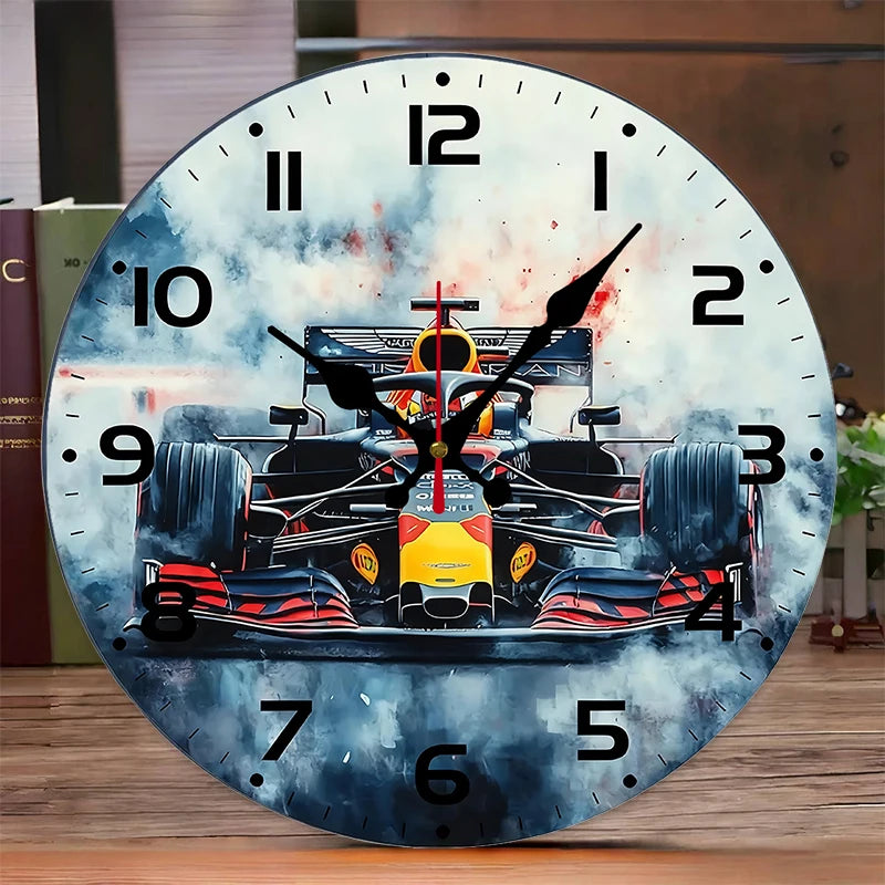 Formula Racing Car Silent Wall Clock – 10-Inch Round Wooden Home Decor