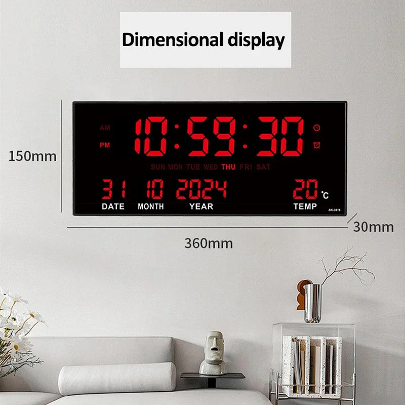 14-Inch Digital LED Wall Clock – Time, Date, Temperature & 8 Daily Alarms, Plug-In Display