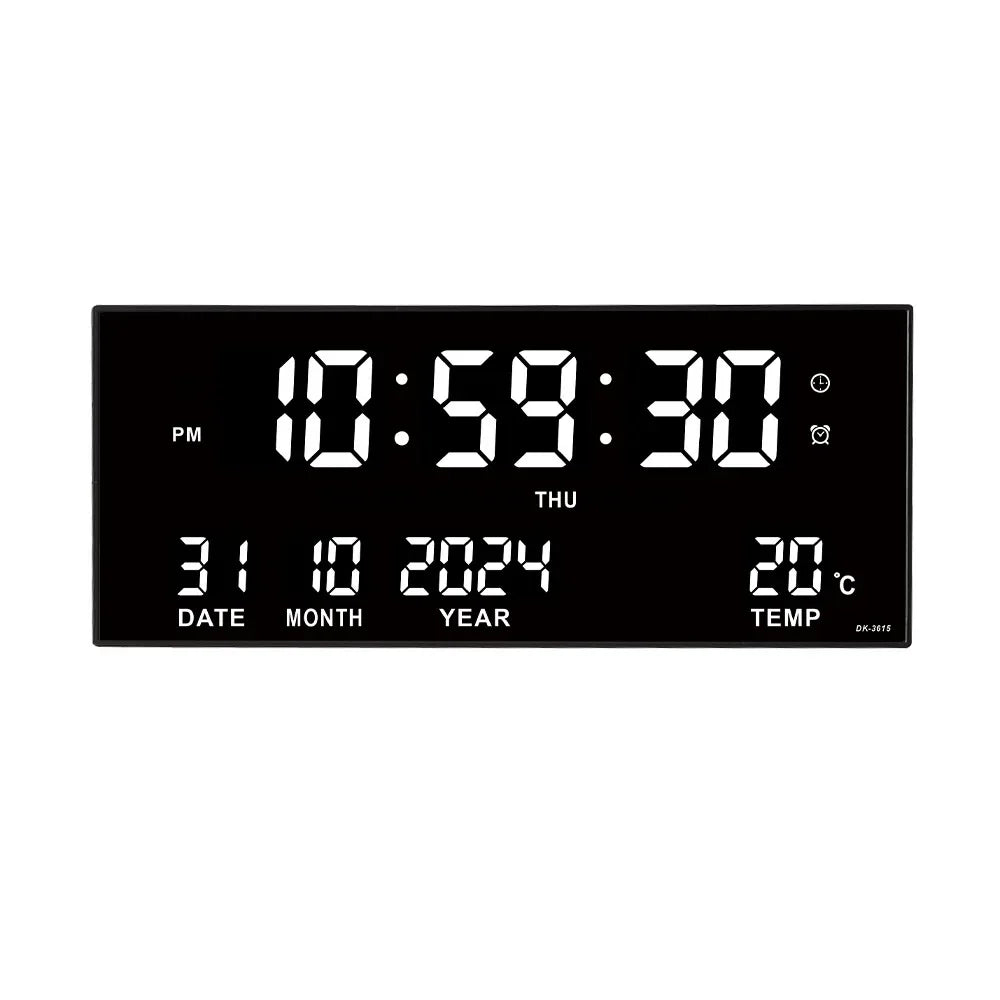 14-Inch Digital LED Wall Clock – Time, Date, Temperature & 8 Daily Alarms, Plug-In Display