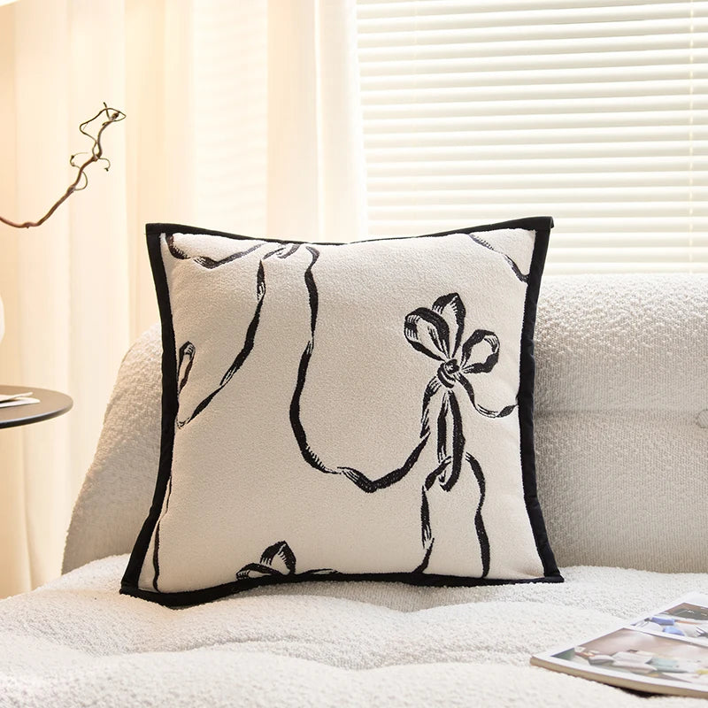 Black Bow-Line Polyester/Cotton Pillow Cover – 17.72 × 17.72 in (45 × 45 cm)