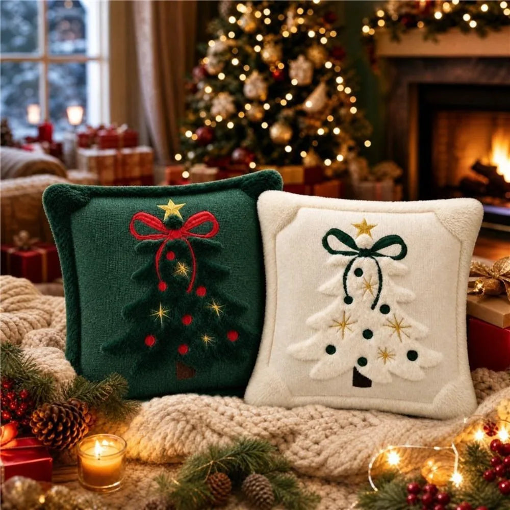 Christmas Tree Appliqué Pillow Covers – Green and Beige, Set of 2, 17.72 in