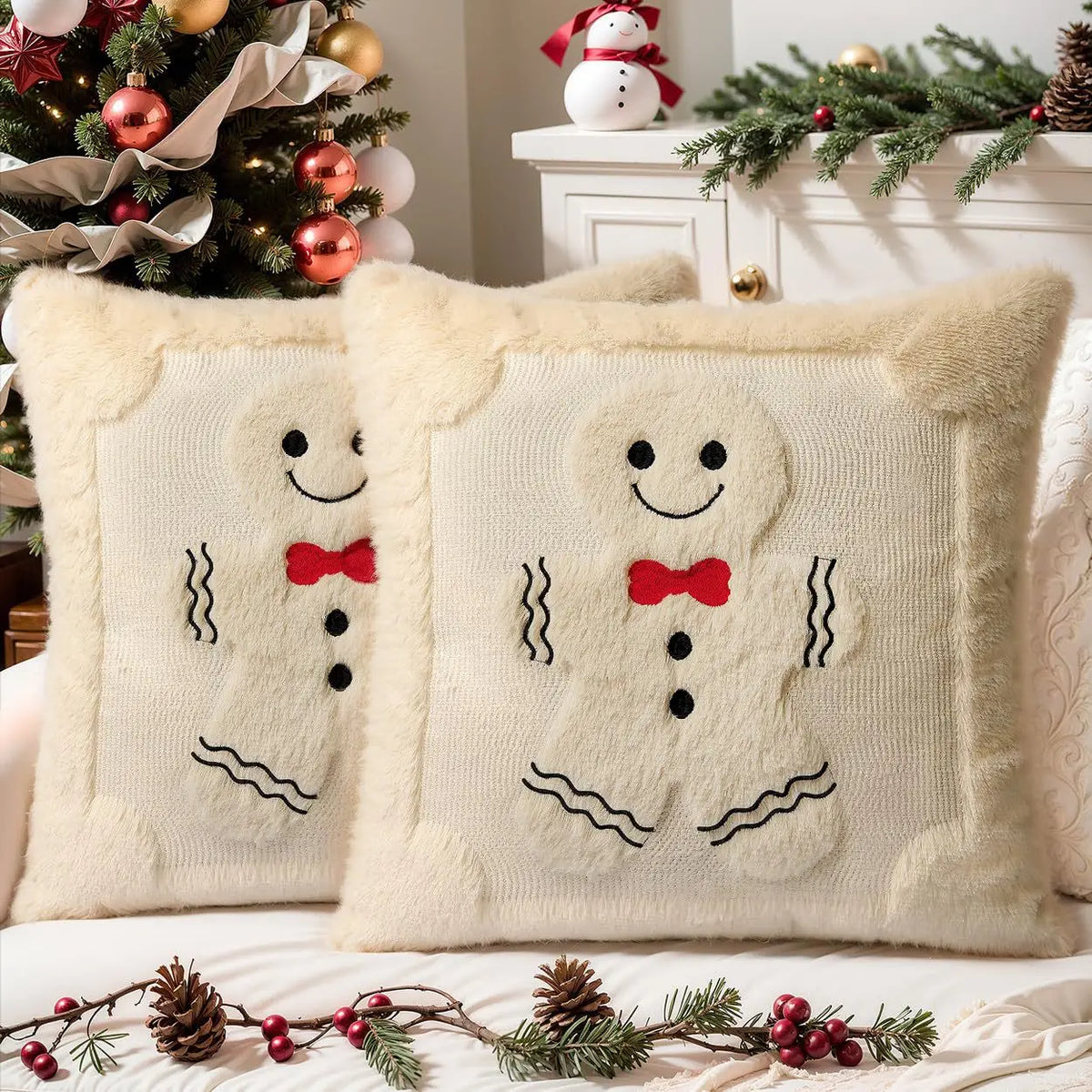 Gingerbread Christmas Pillow Covers – Plush Embroidered Set of 2, Four Designs