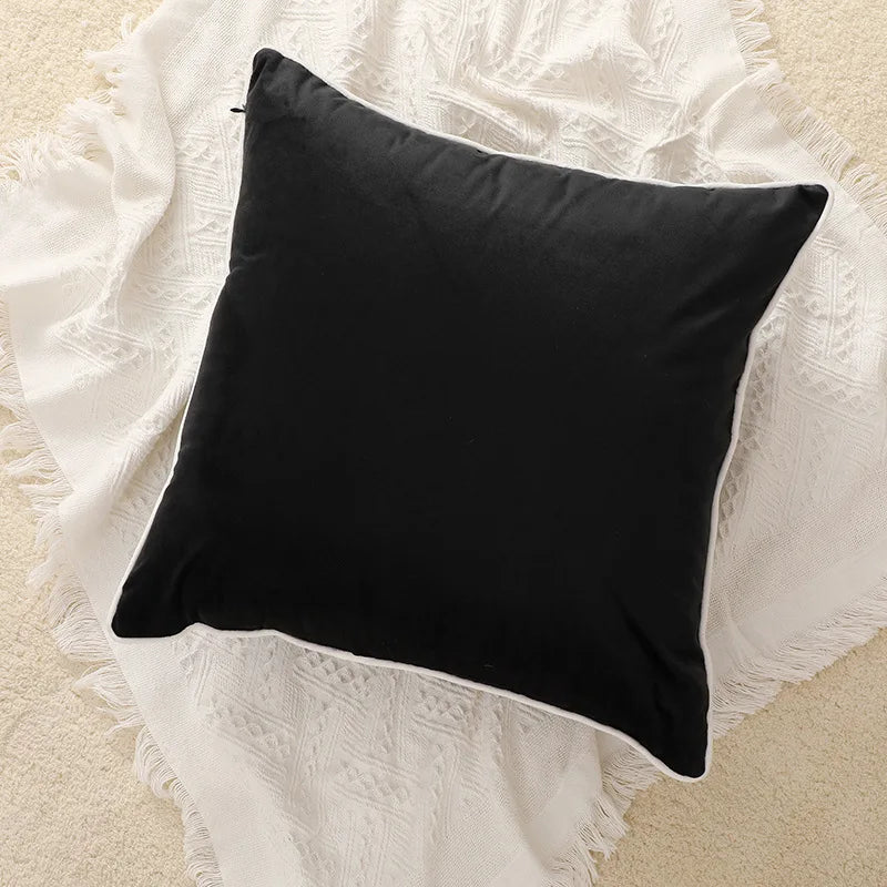 Black Velvet Pillow Cover with White Piping – Polyester/Cotton, 1 Piece, 15.75–23.62 in Square or 11.81 × 19.69 in Lumbar (40–60 cm or 30 × 50 cm)