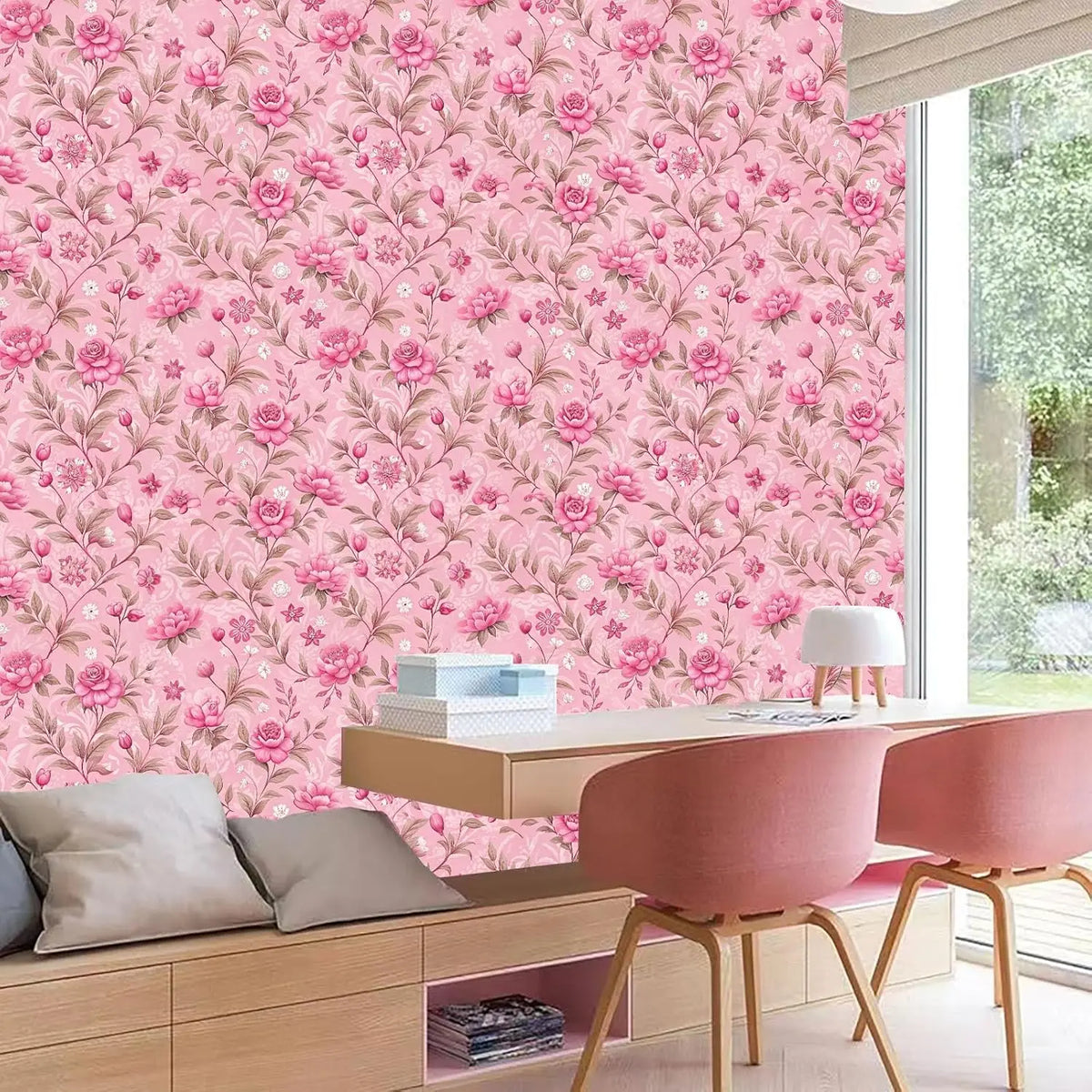 Pink Floral Peel-and-Stick Wallpaper – Waterproof Removable Extra-Thick PVC Vinyl