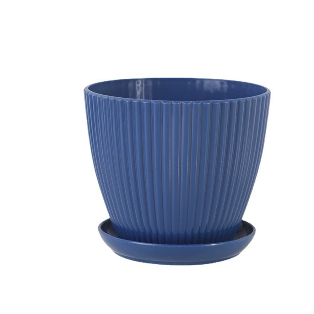 Round Plastic Planter with Tray – Modern Vertical Striped Flower Pot for Indoor & Outdoor Plants