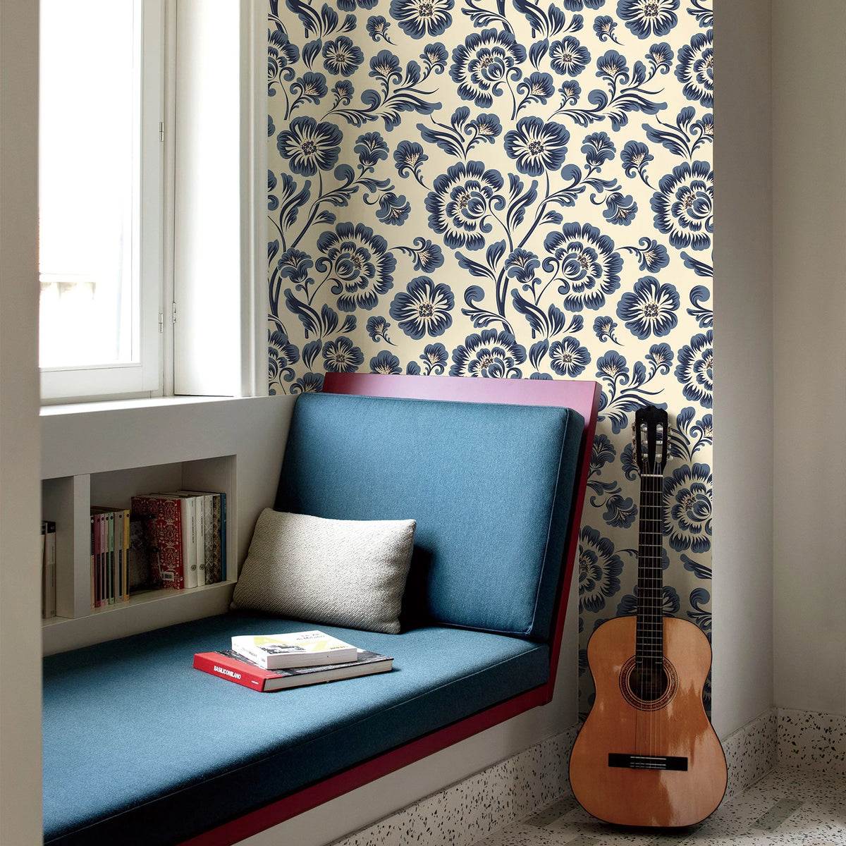 Blue Floral Waterproof & Oil-Resistant PVC Peel-and-Stick Wallpaper – Removable for Walls, Cabinets & Furniture