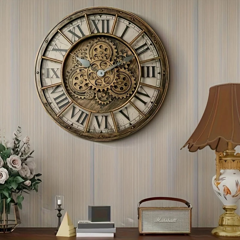 46 cm Moving Gears Wall Clock – Industrial Steampunk Roman Numeral Quartz Decor, 4 Designs