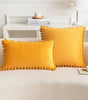 *Yellow & Orange Pompom Polyester Velvet Pillow Cover – 17.72 or 19.69 in Square / 11.81 × 19.69 in Lumbar (45 × 45, 50 × 50 or 30 × 50 cm), 1 Piece