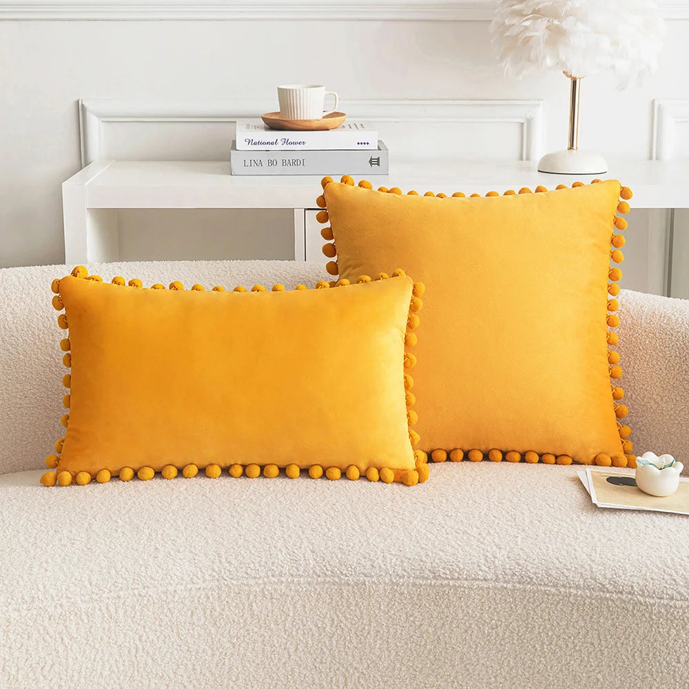 *Yellow & Orange Pompom Polyester Velvet Pillow Cover – 17.72 or 19.69 in Square / 11.81 × 19.69 in Lumbar (45 × 45, 50 × 50 or 30 × 50 cm), 1 Piece