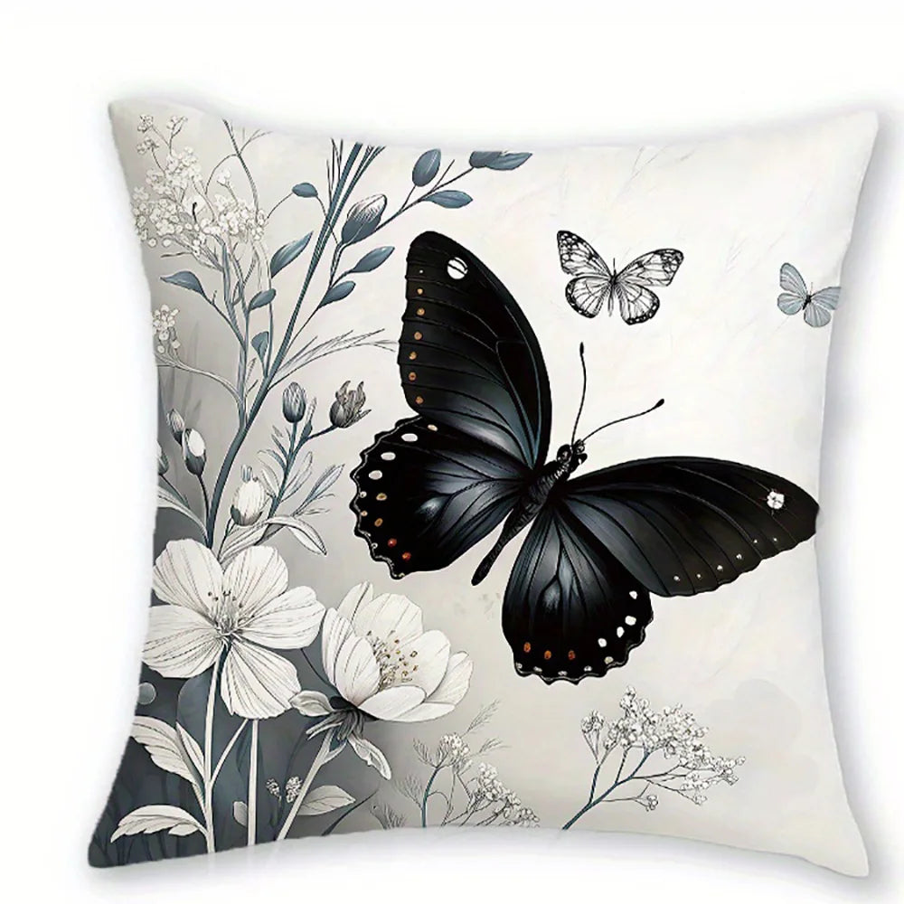 Black Butterfly Floral Pillow Cover Set – 4-Piece Polyester Set, 50–60 cm