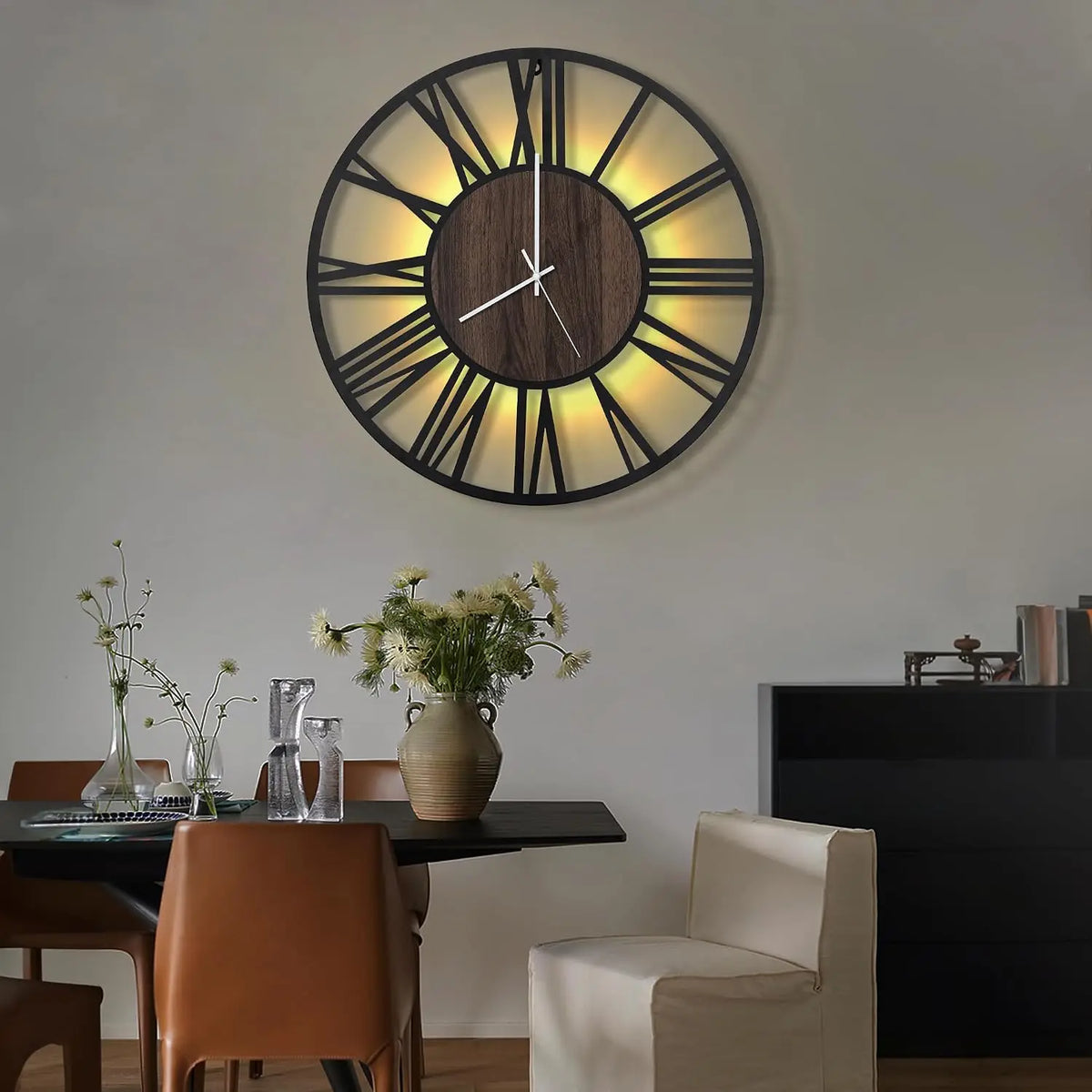 24-Inch LED Roman Numeral Wall Clock – Silent Battery-Operated Wood & Iron Decor