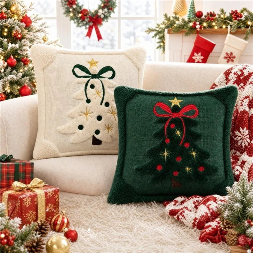Christmas Tree Appliqué Pillow Covers – Green and Beige, Set of 2, 17.72 in