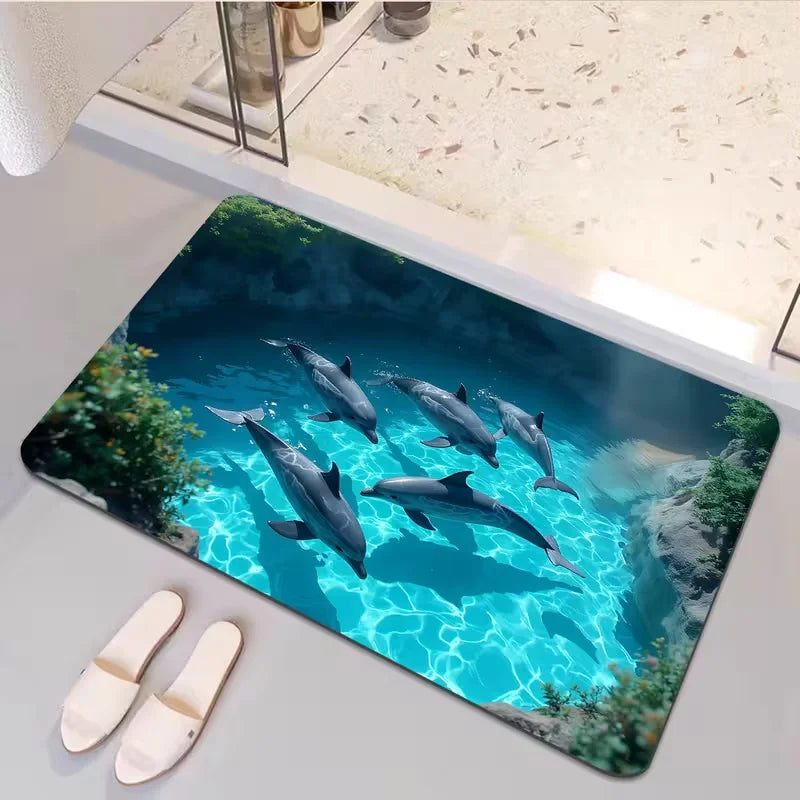 Shark & Aquatic Print Absorbent Non-Slip Flannel Door Mat – Washable Polyester Mat for Bathroom & Entrance
