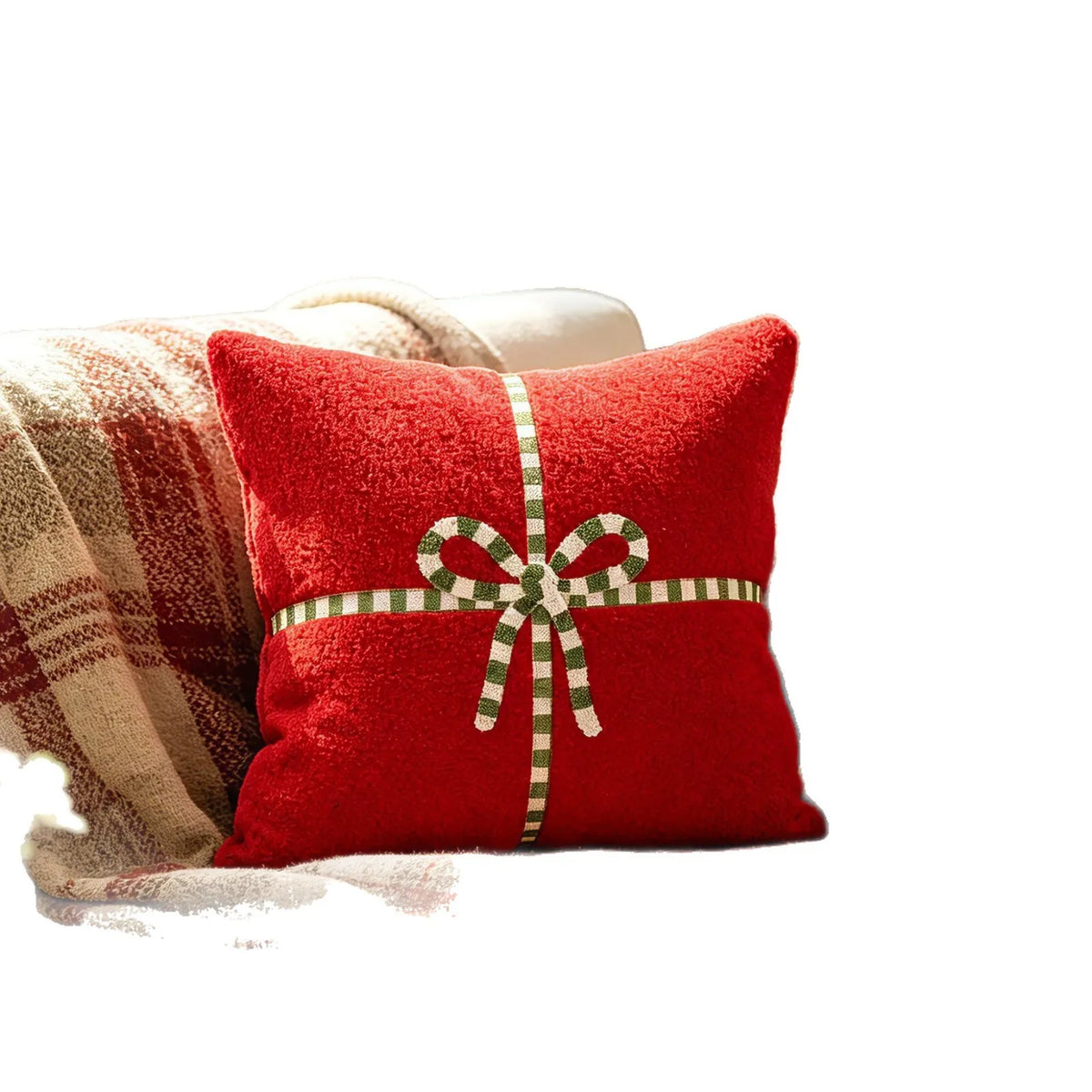 Red Plush Christmas Gift-Bow Pillow Cover – Embroidered Polyester, 17.72 in, 1 Piece only